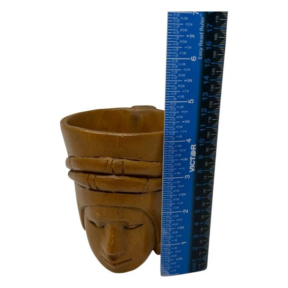 Vintage Hand Carved Mug Cup Wooden Wood Art Deco Woman Head Face 4.25" Tall - Picture 11 of 12